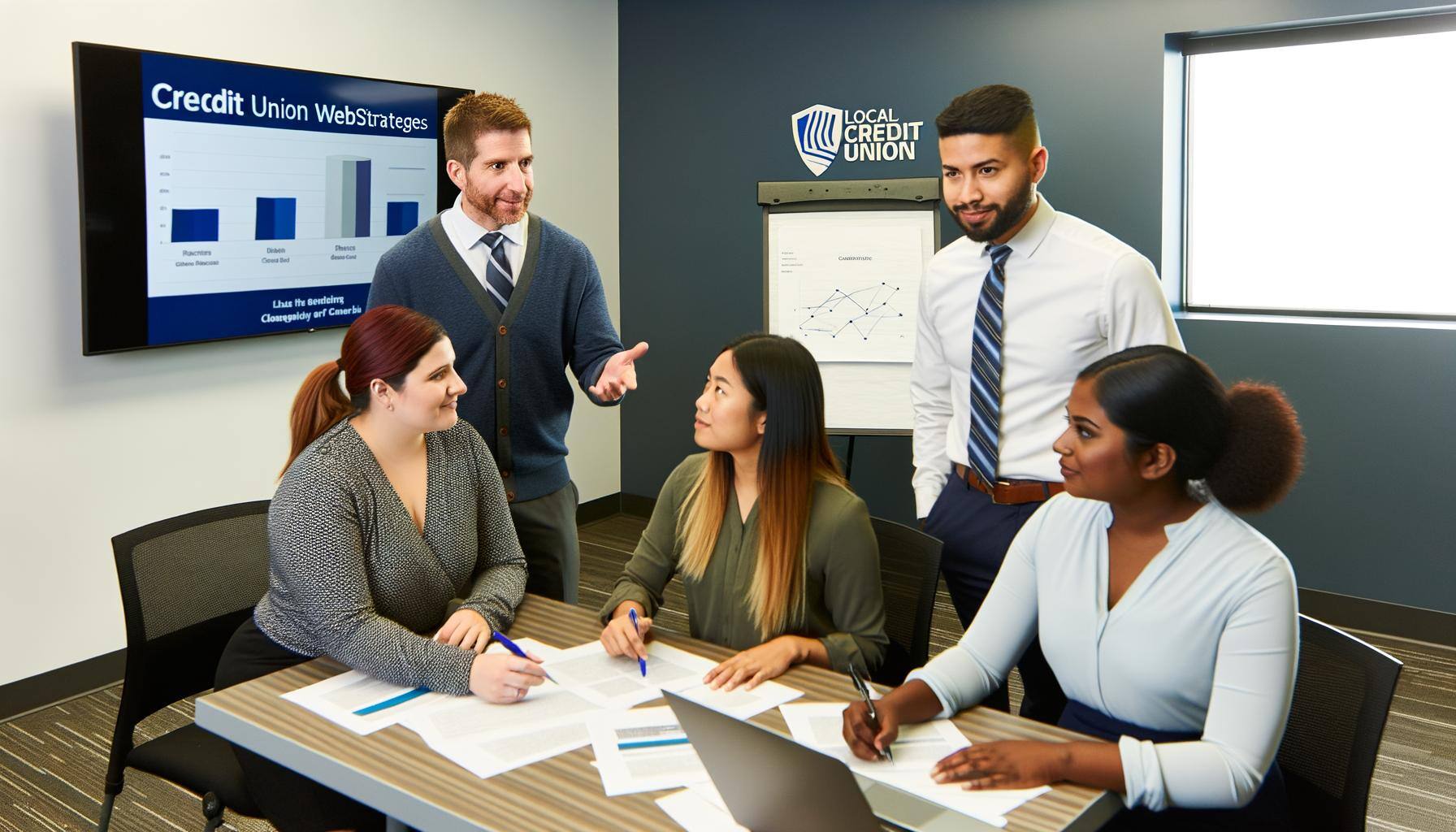 A team of mixed-gender employees, diverse in descent, collaborating on a strategy at a local credit union. Picture of a modern office setting where a White man, a Black woman, a Hispanic man, and a South Asian woman, all in semi-formal attire, are gathered around a table covered with documents. A projector showing graphs and a whiteboard with written ideas can be seen in the background. The team appears determined, focused, and engaged. The credit union logo, implying 'WebStrategies' is prominently displayed on the wall behind them.