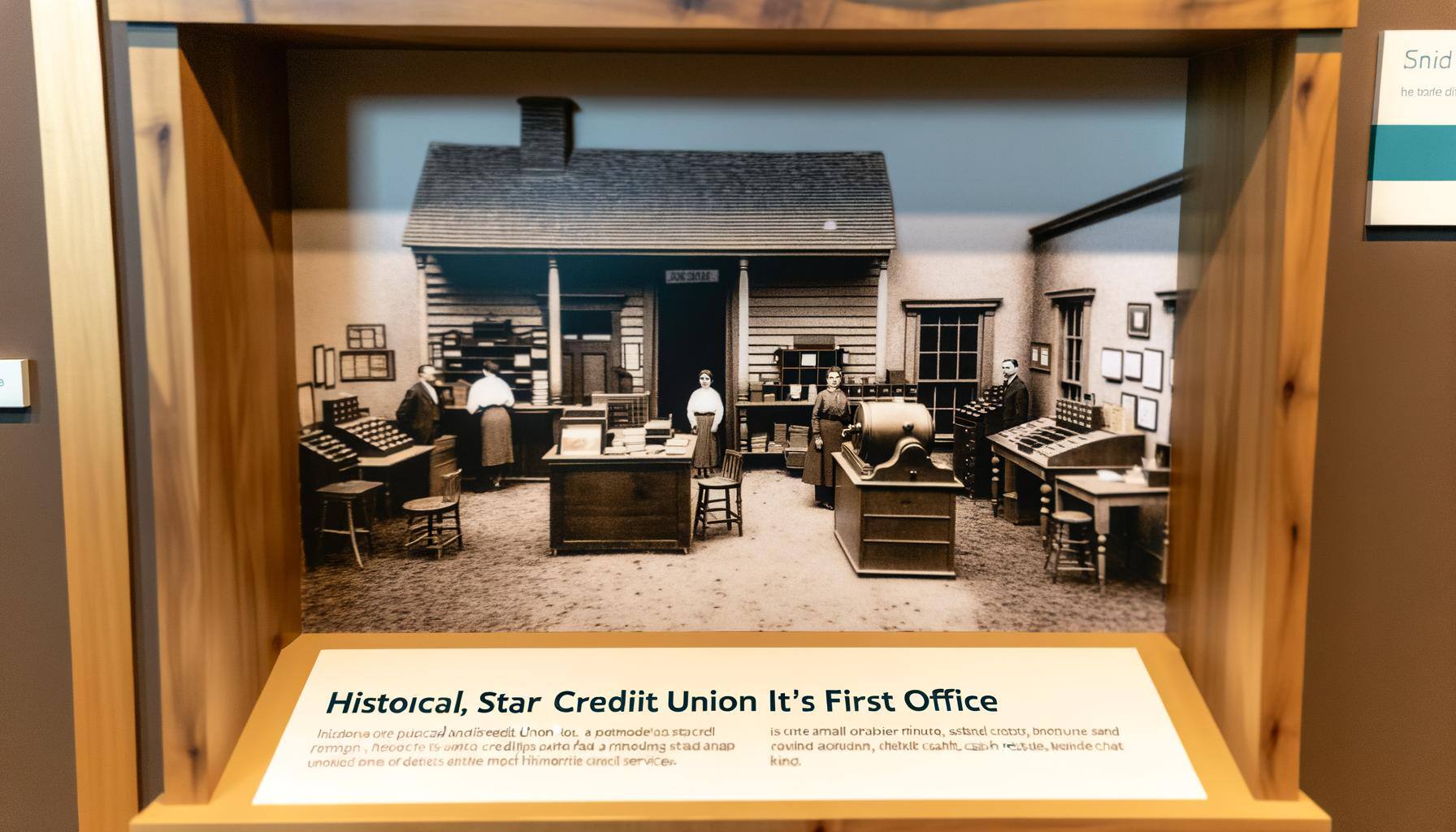 Historical depiction of a small, start-up credit union's first office. Envision a modest office setup indicative of pioneering financial services. Include elements such as wooden furniture, manual cash registers, and stacks of paperwork. The office should have a welcoming aura with staff members helping customers. The architecture and clothing should conform to mid-20th century styles. The image should also convey a sense of nostalgia and symbolize humble beginnings.