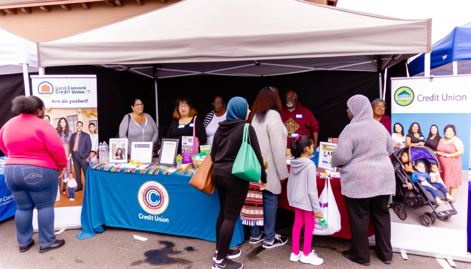 A festive community event sponsored by a local credit union. There are booths and stalls set up, featuring various organizations and local businesses. The booths are decorated with the credit union's branding and logo. Families and individuals of various descents, including Caucasian, Black, Hispanic, Middle-Eastern, and South Asian are engaging with booth presenters, learning about the services offered. All around, there is a general atmosphere of camaraderie and community spirit.