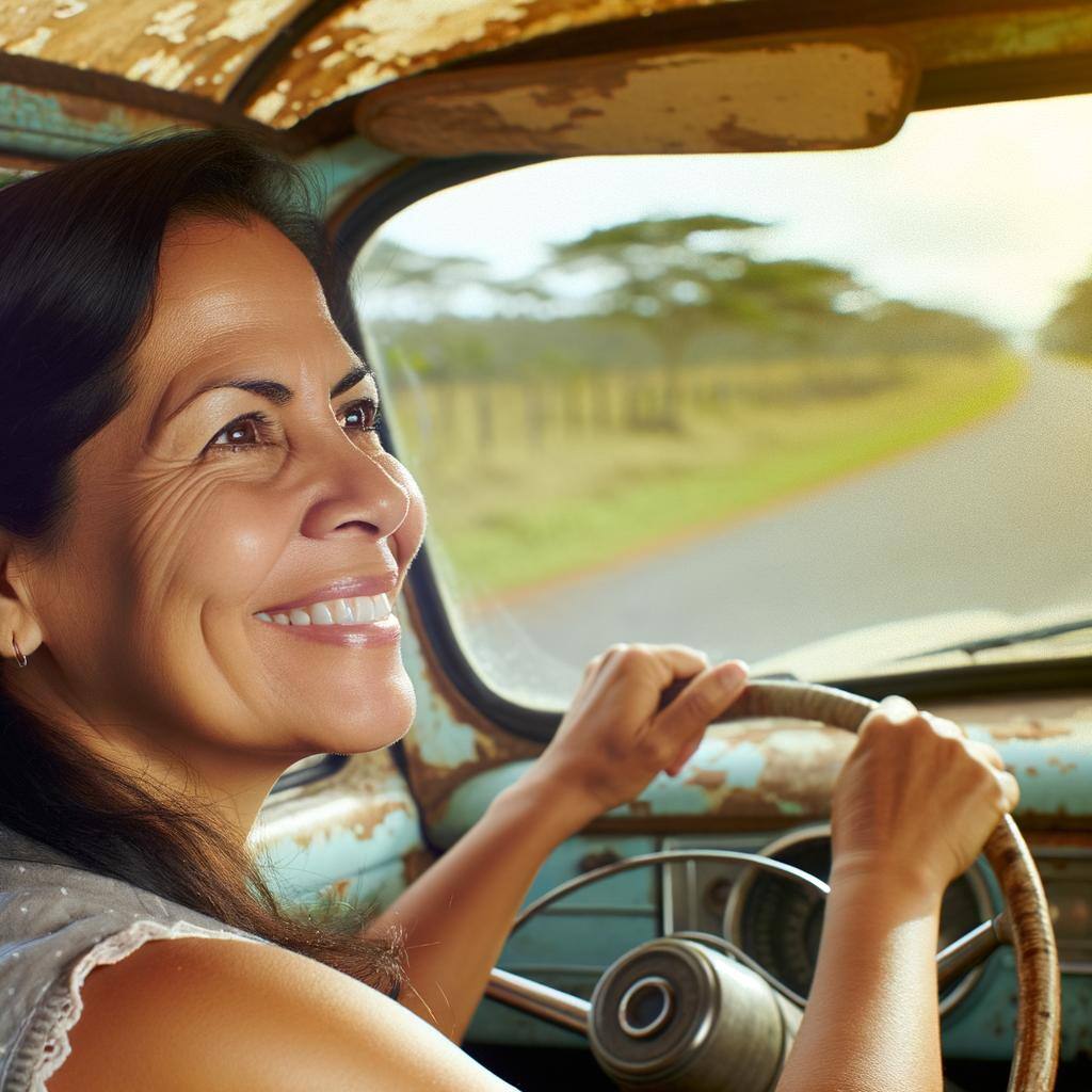 An image showcasing a satisfied Hispanic female driver enjoying a drive in her charming, vintage car down a scenic country road. She is feeling the tranquility and the nostalgic vibe that the beat-up, loved car exudes with its rustic appeal. Her eyes are focused on the road, with a hint of a contented smile playing on her lips, expressing her satisfaction. The sun filtering in through the old windows adds a warm glow to the entire scene.