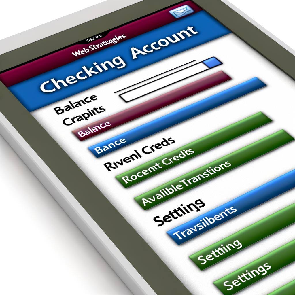 A detailed image of a basic checking account screen interface offered by a fictional credit union named 'WebStrategies'. It shows the elements normally found in such interfaces, like balance, recent transactions, available credits, transfer options, and settings. Display the credit union's logo prominently at the top of the screen, while other elements are organized neatly below it. The color scheme is friendly and professional.