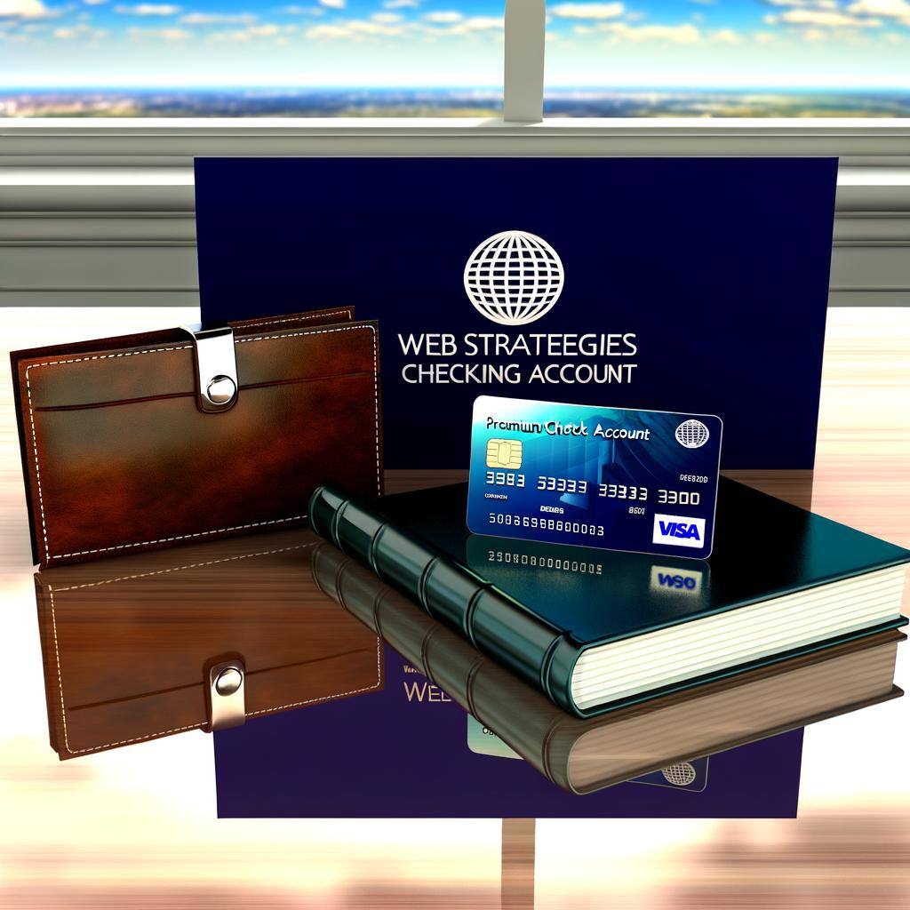 An illustration of a so-called Premium Checking Account offered by a fictional financial institution called WebStrategies Credit Union. The image could consist of a sophisticated, branded checkbook and debit card sitting neatly on an elegant, glossy wooden table. Accompanying these items, a high-end leather wallet is opened to reveal the aforementioned debit card. The color theme of the items, logo, and overall setting adheres to a captivating and appealing blend of royal blue and silver-white. Behind them, the view of a serene landscape seen from a high-rise office tower. This setting reflects a well-to-do status which is associated with premium check accounts.