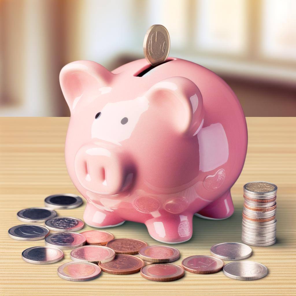 Visualize an image of a basic savings account, represented by a classic ceramic piggy bank. The piggy bank should be pink, with a slot at the top for inserting coins. Around the piggy bank are several silver and gold coins stacked and scattered. The overall tone of the image is that of a safe, home-based financial management system, encouraging the concepts of frugality and investment. The piggy bank is on a wooden table, and the surrounding environment is softly lit, creating an atmosphere of warmth and security.