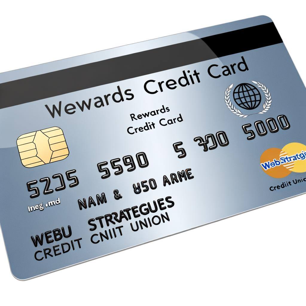 Image of a generic rewards credit card from fictional 'WebStrategies Credit Union'. The card should have distinct features such as magnetic strip at the back, embossed numbers and name area, and a designated section for signature. It should be clear from the card design that it is a rewards credit card. Please imbed the logo of the fictional 'WebStrategies Credit Union'.