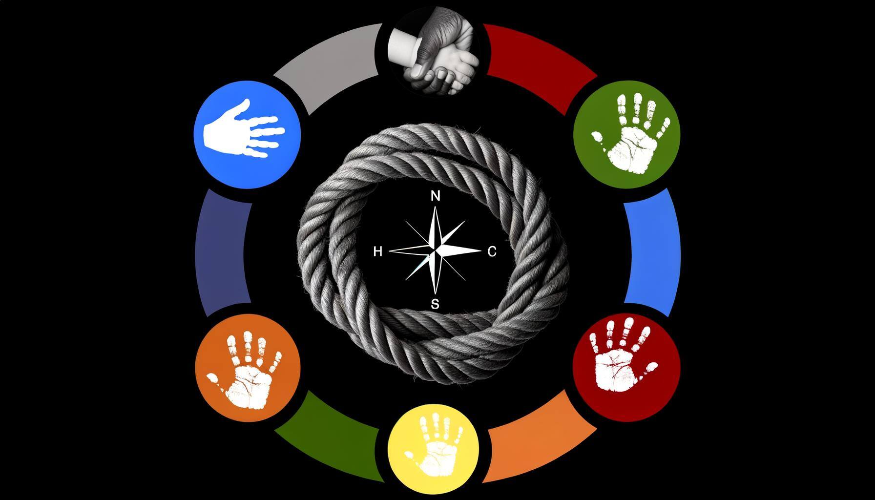 Create an image representing the abstract concepts of integrity, commitment, and community values. The image should depict a tightly knotted rope to symbolize the strength of commitment, a compass indicating the direction of integrity, and a diverse circle of handprints symbolizing an inclusive community. Each handprint should represent different descent, including Caucasian, Hispanic, Black, Middle-Eastern, and South Asian.