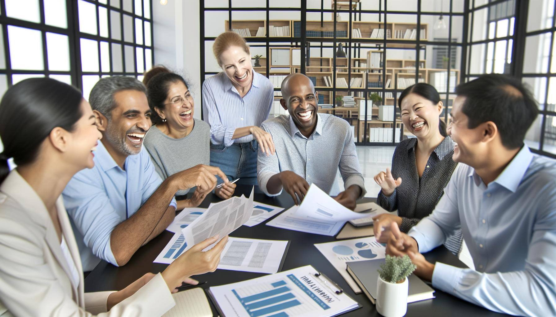 A joyful session of financial planning is taking place. The group includes a Caucasian woman, a Hispanic man, a Black man, a Middle-Eastern woman, a South Asian woman, and a White man. They are sitting around a table with financial documents spread out, some are discussing strategies with their colleagues, while others are intently analyzing the paperwork. A background of a modern office environment with shelves holding financial literature and a large window providing a luminous ambiance is seen.