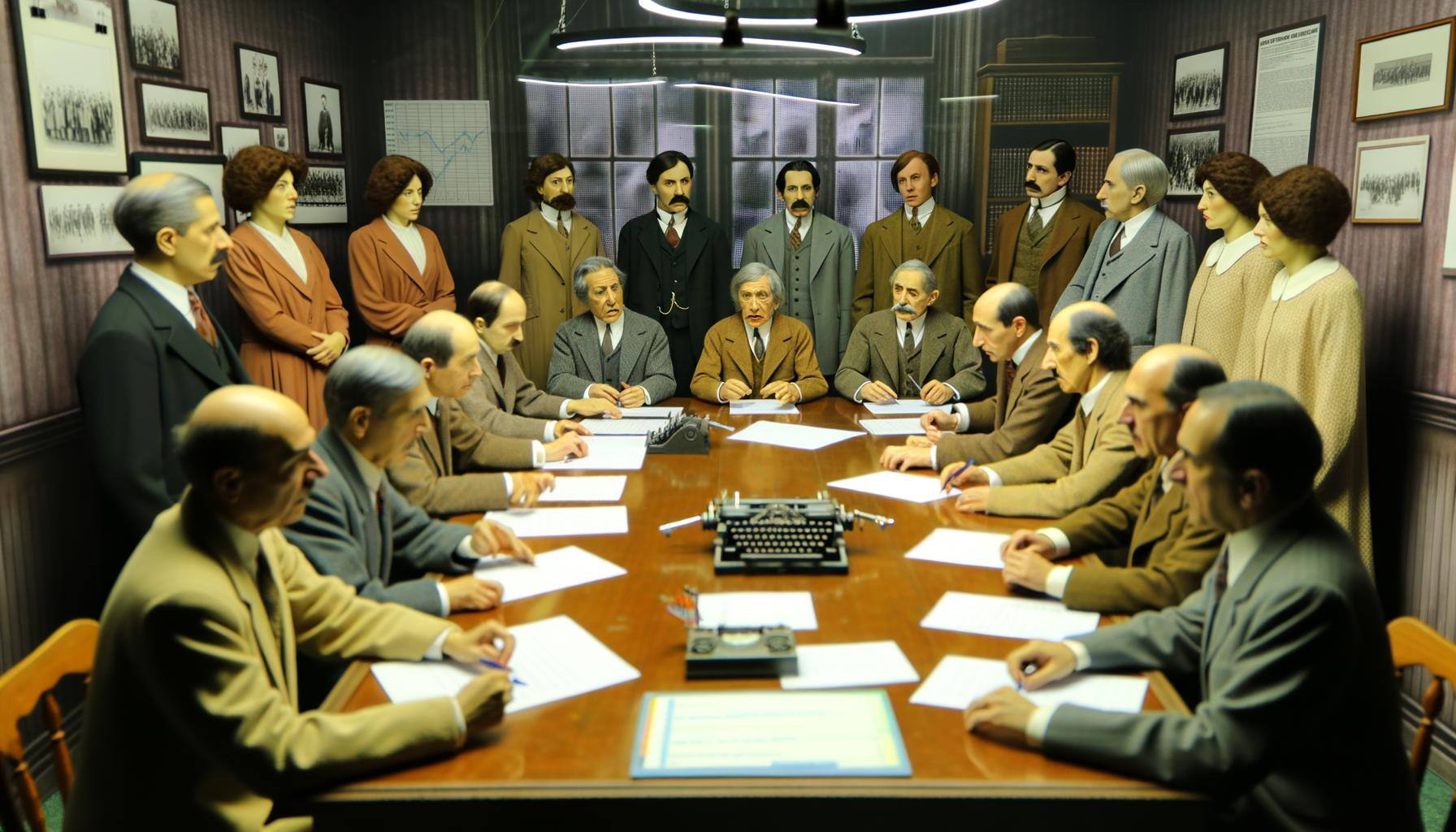 A historical representation of the first meeting of the founders of a generic credit union known as WebStrategies. The scene shows several individuals around a conference table filled with paperwork, pens, and chart graphs. The individuals vary in descent and gender, including Caucasian and Hispanic men, and Middle-Eastern and South-Asian women. The atmosphere is serious, tense yet hopeful, as they are passionately discussing and bouncing ideas back and forth, trying to lay a strong foundation for their institution.