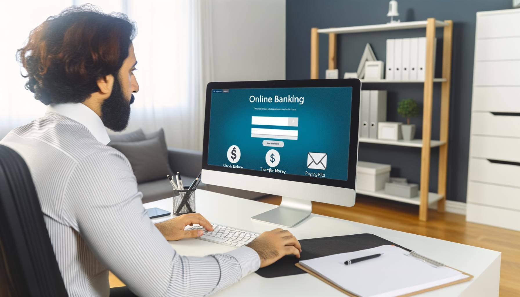 An image of a Middle-Eastern male sitting at his desk in a home office. He is focused on his computer screen, which displays an online banking service interface. He is browsing through different options like checking balance, transferring money, and paying bills. On his desk, there are common office items such as a coffee cup, notepad, and a pen. The room is well-lit, showing an environment conducive for work. The screen logo is generic, representing an anonymous, non-branded online banking platform.